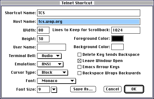 [Telnet Shortcut window]