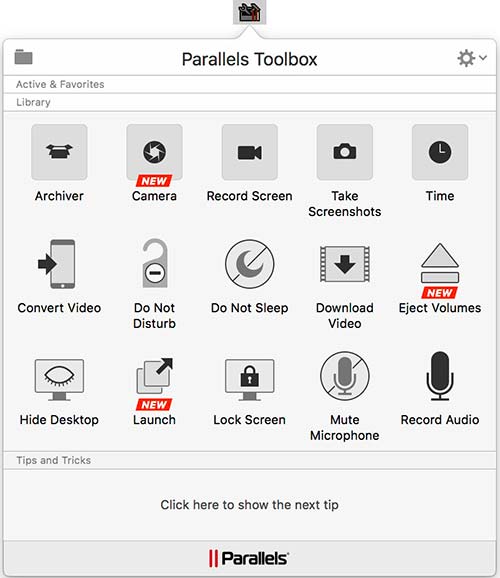 Parallels Toolbox menu bar drop-down list of utlities.