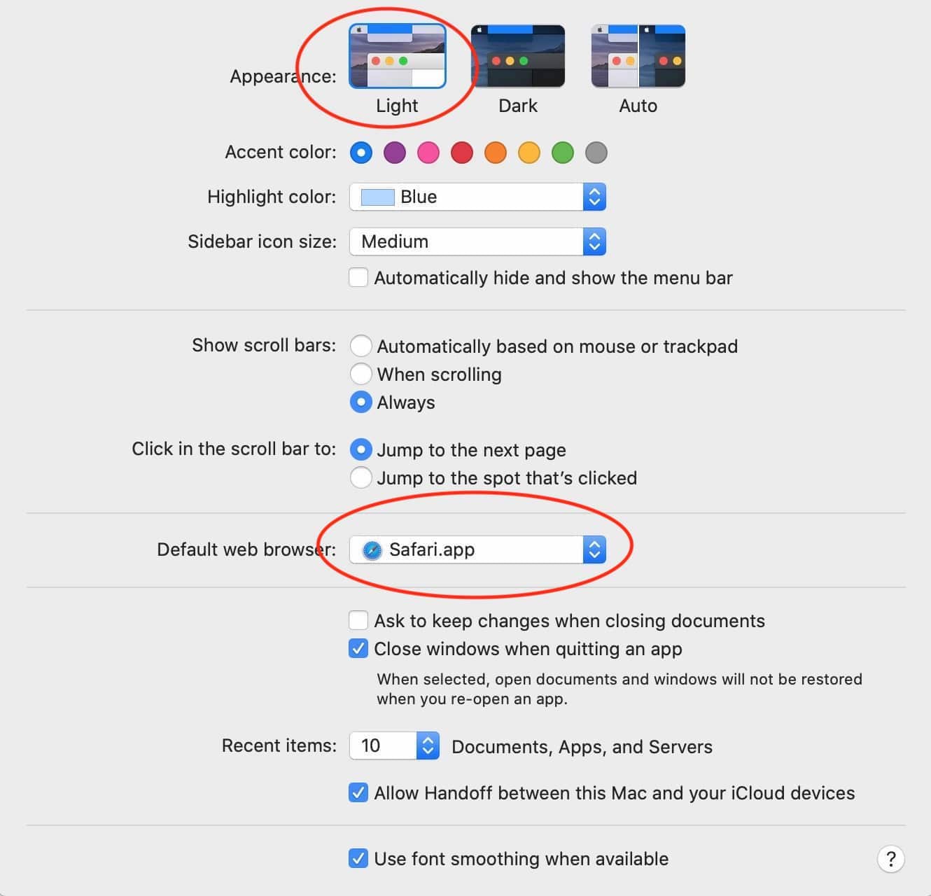 Though it isn't readily obvious, the thumbnails at the top of the General preference pane are buttons that tell macOS that you want a Light theme, a Dark theme, or a theme that switches automatically with night and day. Farther down is a pop-up menu that allows you to select which of the installed web browsers you want to use by default, assuming you have more than one installed.