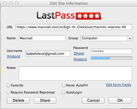 LastPass dialogue box for MacMall