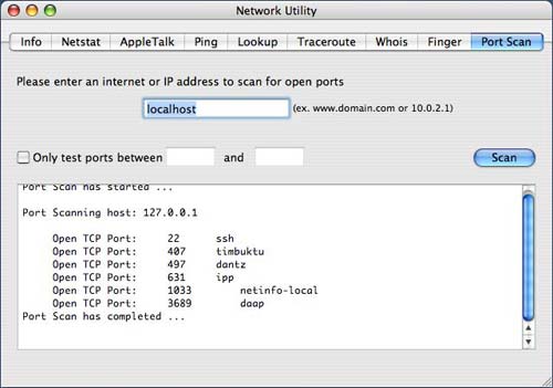 Mac OS X port scan with Network Utility