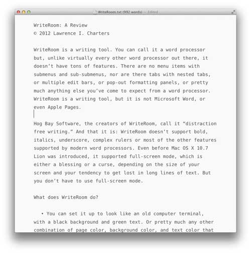 WriteRoom configured with a default setup. Plain black text, plain white background, nothing fancy or distracting.